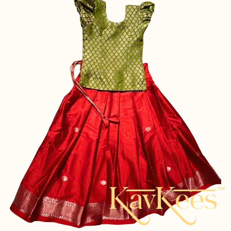 Collection Mahathi - Deep Red with Silver Zari Self border Silk Cotton Skirt and Olive Green Silk Brocade Blouse