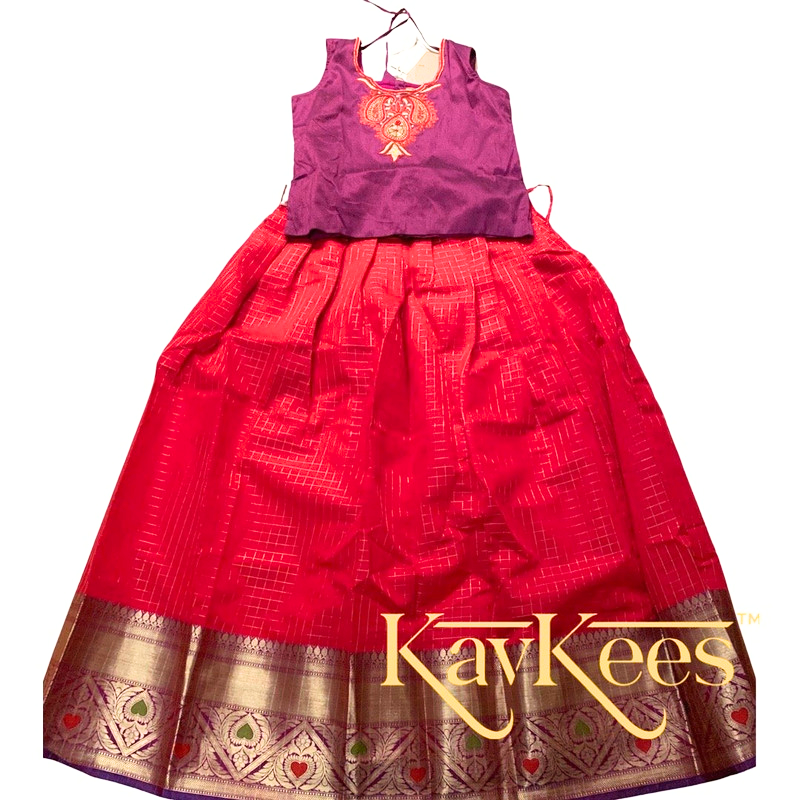 Collection Chakori - Bright Red Checks-patterned Skirt having a long Benarasi Border with Purple Embroidered Blouse