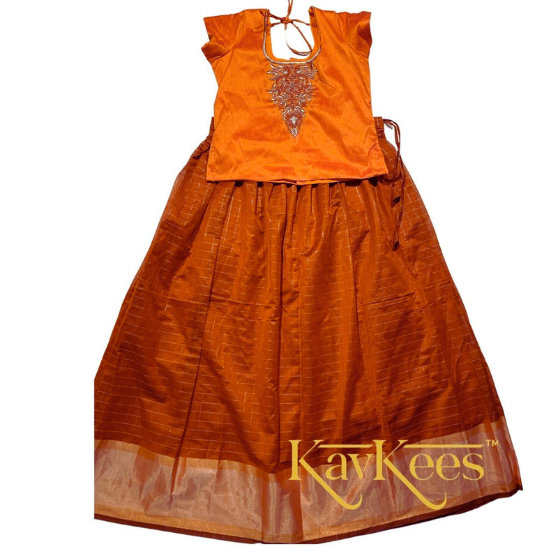 Collection Chakori - Copper brown all over Silver, Gold checkered Skirt with Honey Yellow Embroidered Blouse